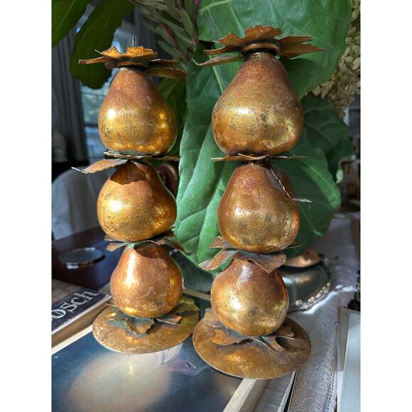 Vintage Gold Leaf Gilded Pear Candle Holders centerpiece set 2 fall decor 11x4” - Picture 3 of 11